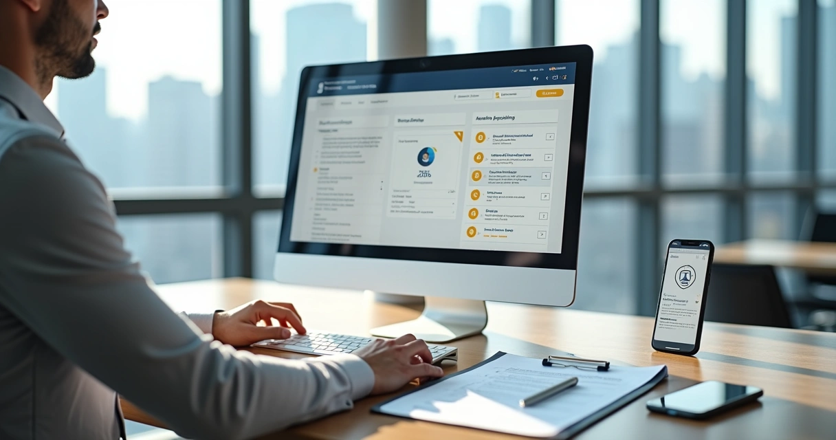 Empresário analisando pedido de registro de marca no computador com documentos organizados 