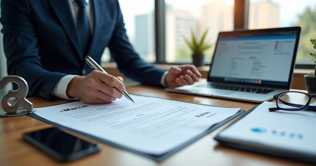 Mesa de escritório com contrato de registro de marca, símbolo de marca registrada e tela do INPI em laptop 