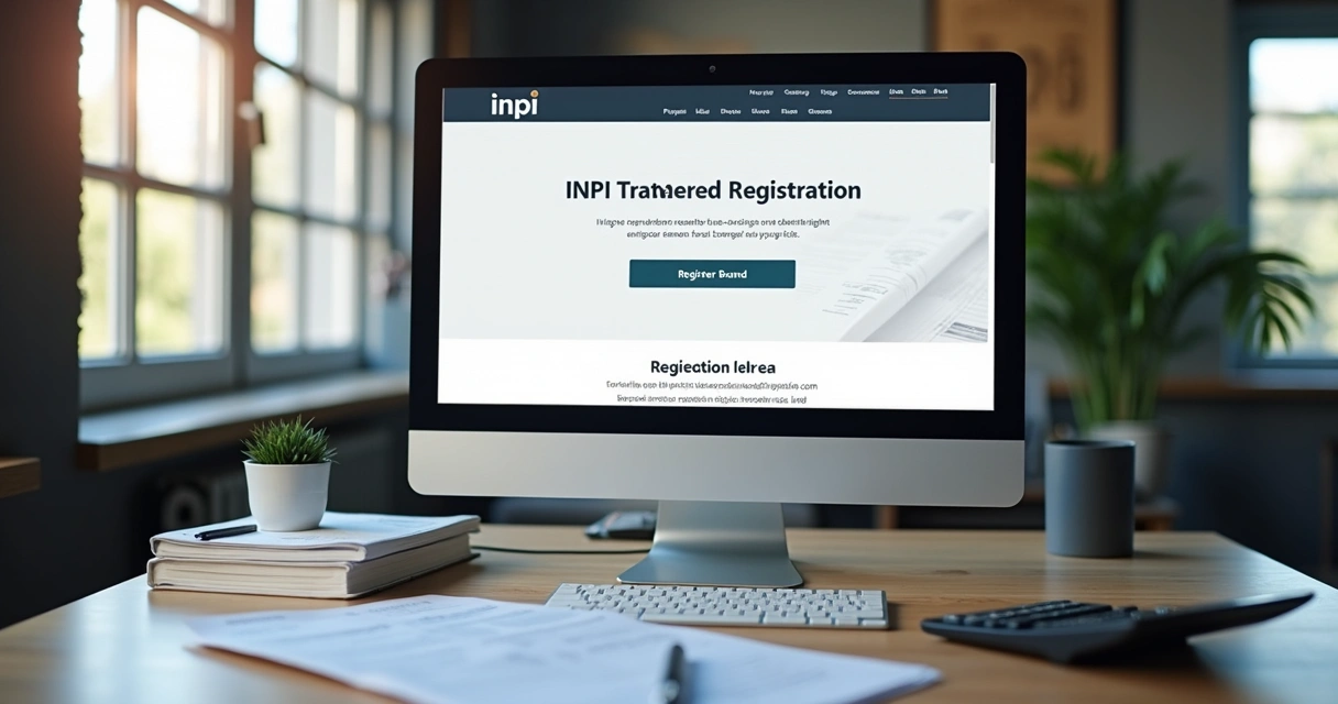 Tela de computador mostrando site do INPI com opções de registro de marca em destaque 