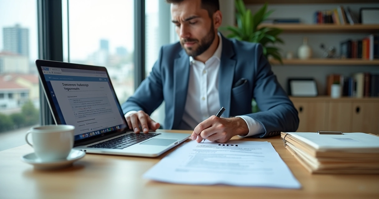 Empresário assinando documentos de registro de marca em escritório moderno 