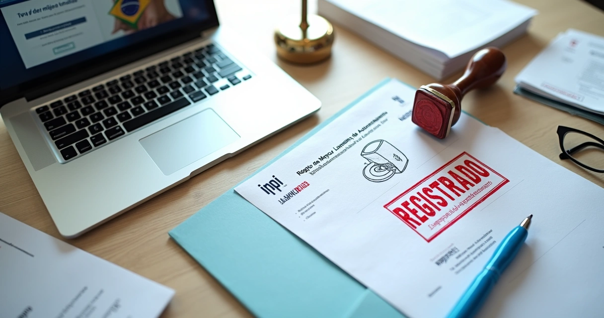 Mesa de escritório com documentos de marca de lavanderia e carimbo de registro 