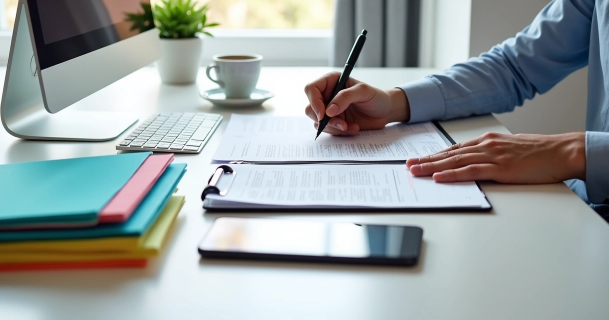 Documentos para registro de marca pessoal em uma mesa organizada. 