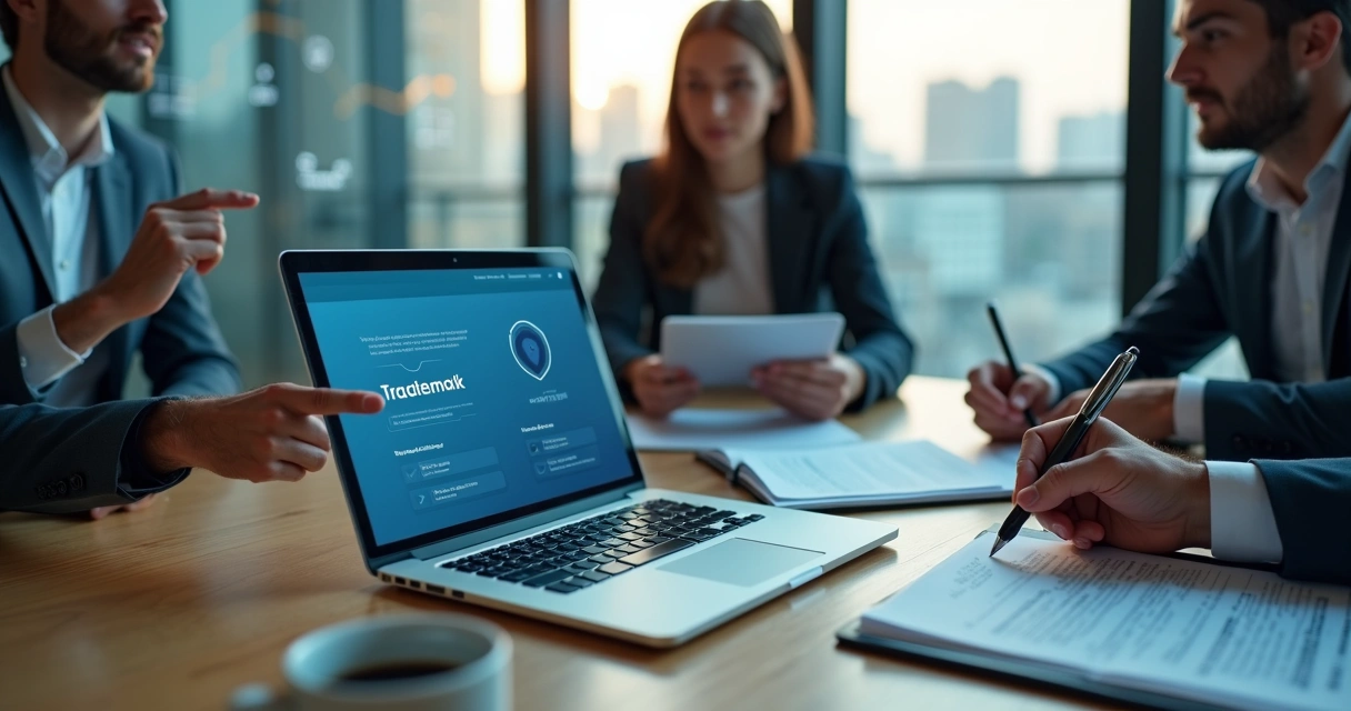 Fundadores de startup de tecnologia analisando registro de marca em notebook 