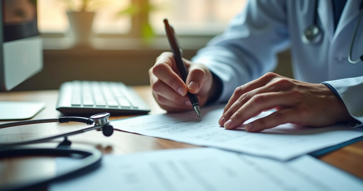 Médico preenchendo prontuário médico sobre mesa com documentos ao fundo 