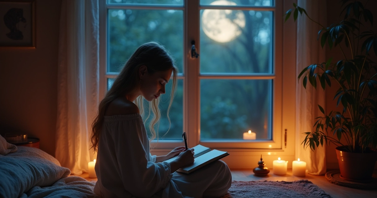Jovem escrevendo em diário ao lado de janela com luar 