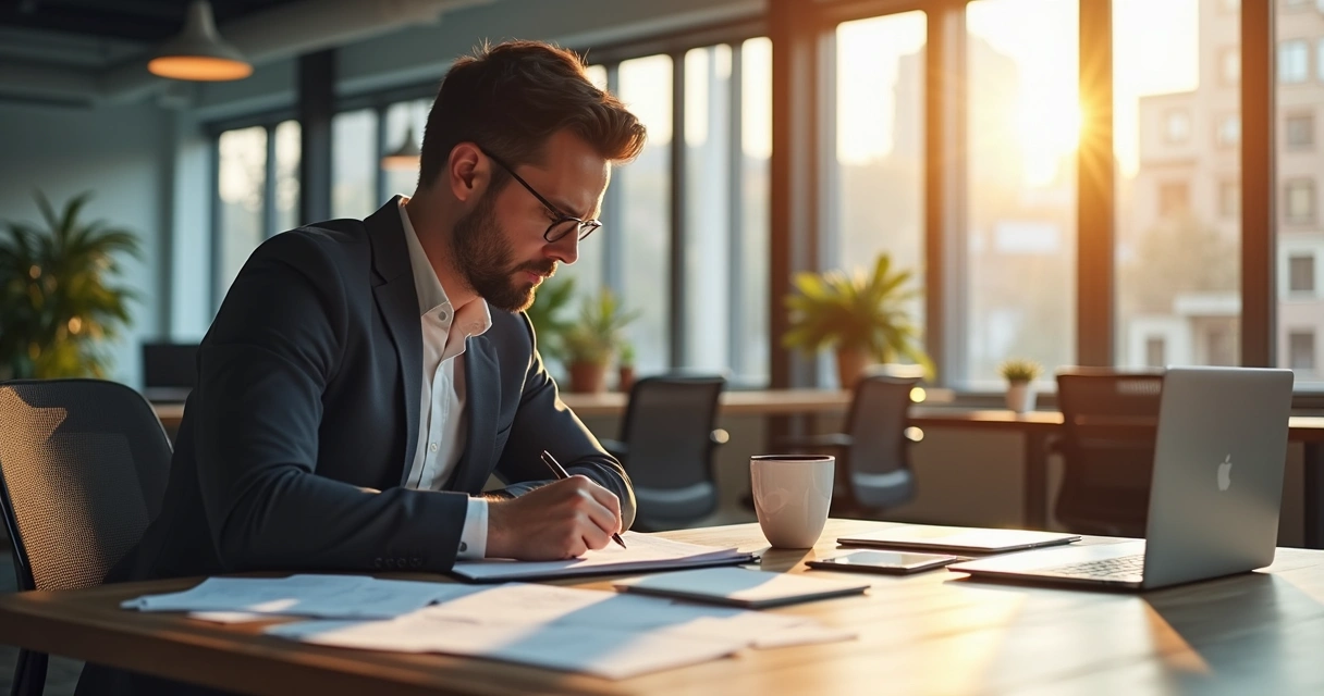 Executivo anotando ideias e memórias em caderno durante reunião B2B 