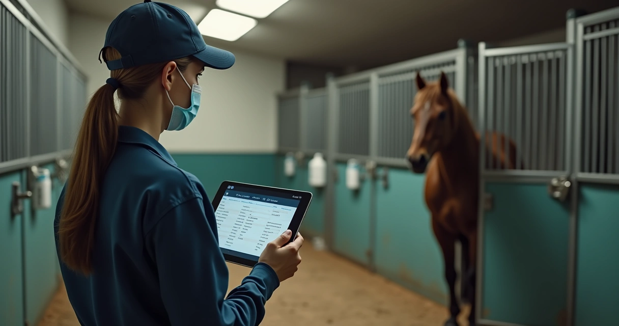 Pessoa anotando informações em tablet em frente a animal isolado