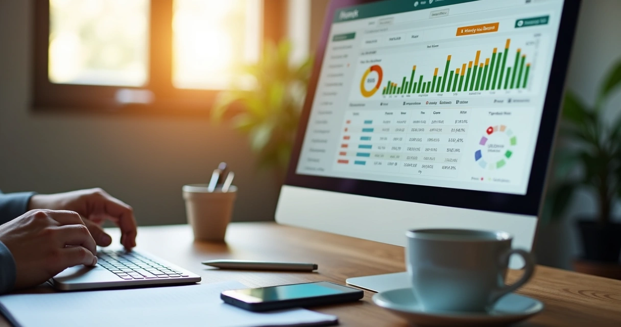 Registro de transações financeiras em tela de computador 