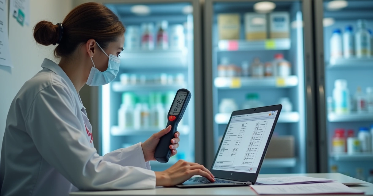 Pessoa registrando não conformidade em laboratório com termômetro em destaque