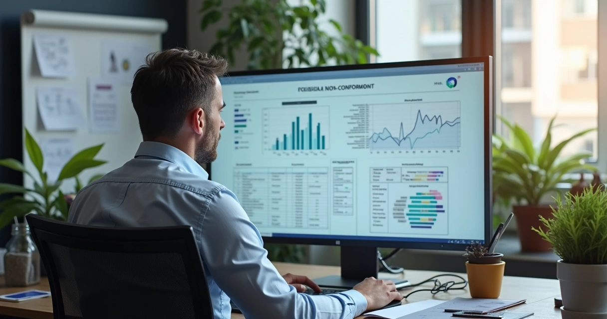 Gestor analisando documento digital em tela de computador, em ambiente corporativo moderno 