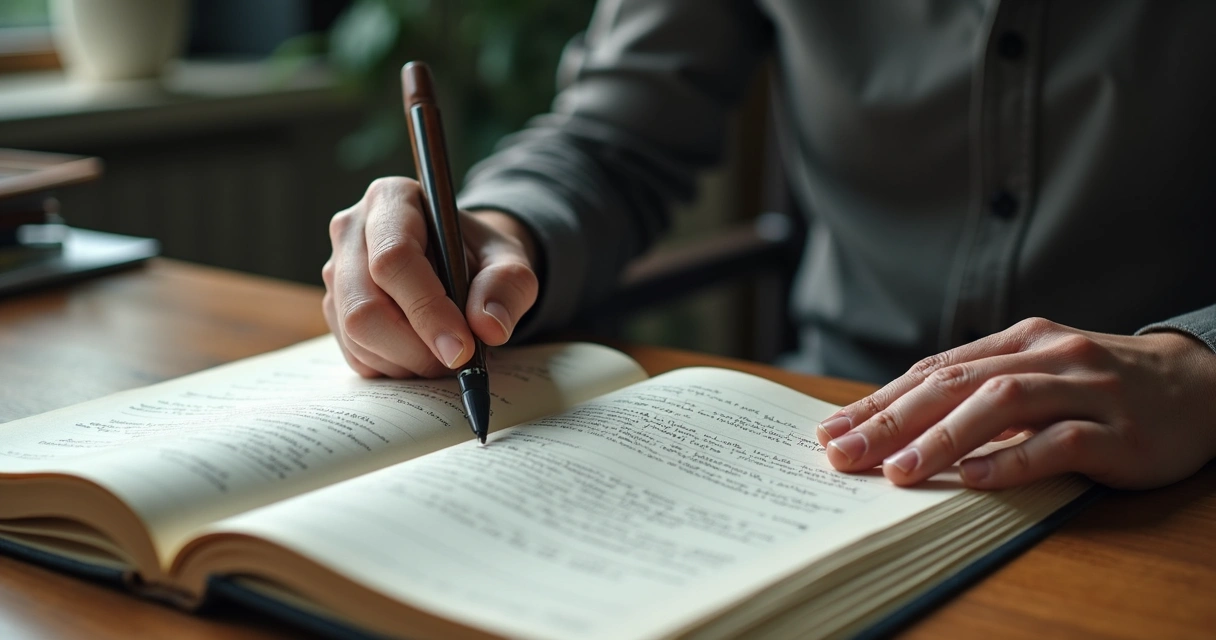 Pessoa olhando para cadernos com anotações sobre decisões passadas 