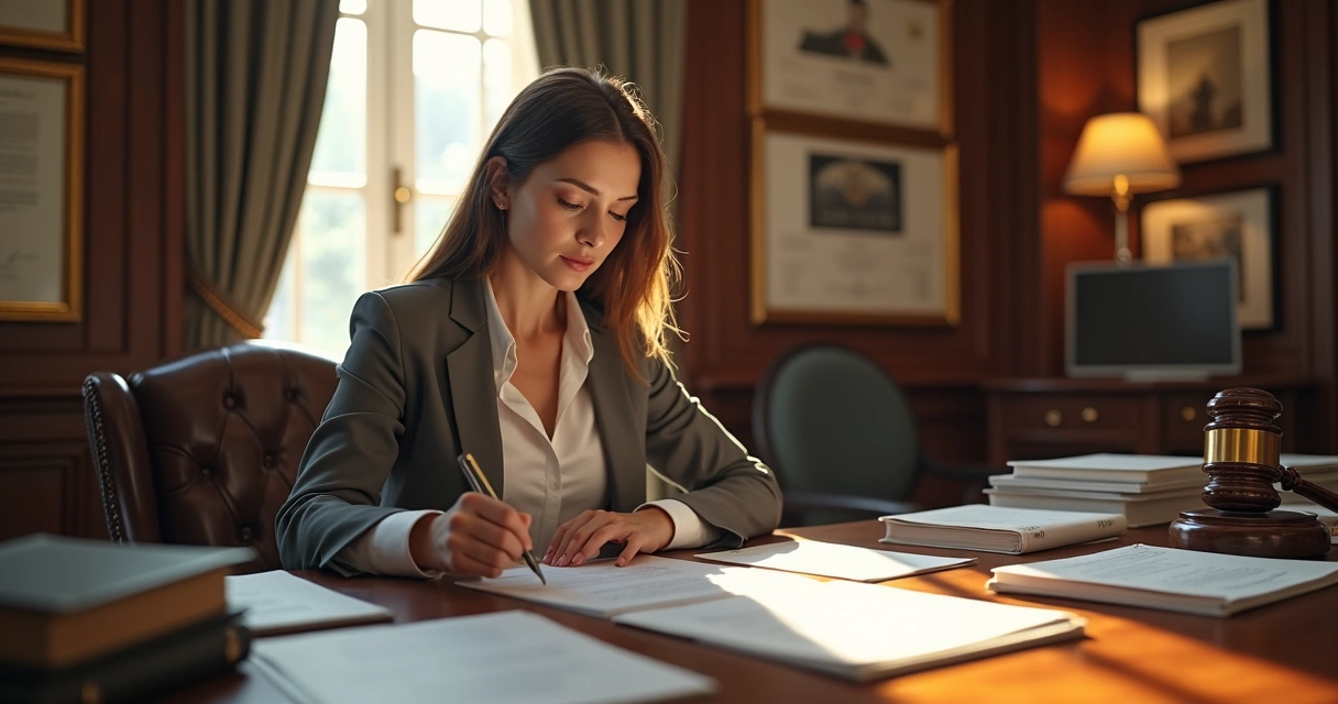 Oficial de cartório conferindo documentos e selo de registro 