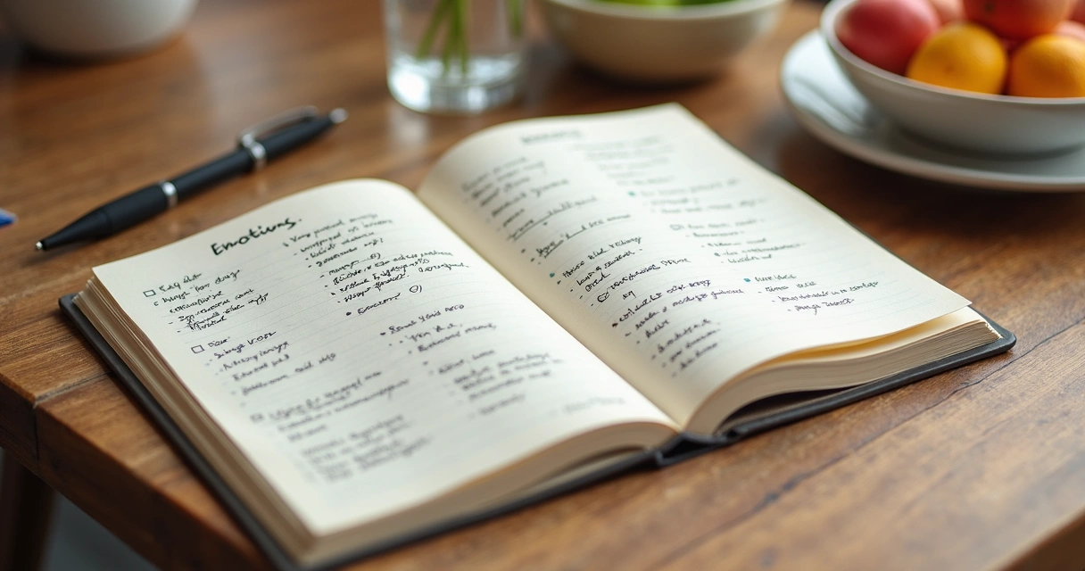 Página de caderno aberta com registros manuscritos de alimentação e emoções, caneta ao lado 