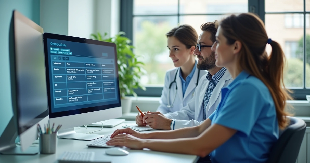 Dentista e equipe registrando objeções do paciente em sistema digital 