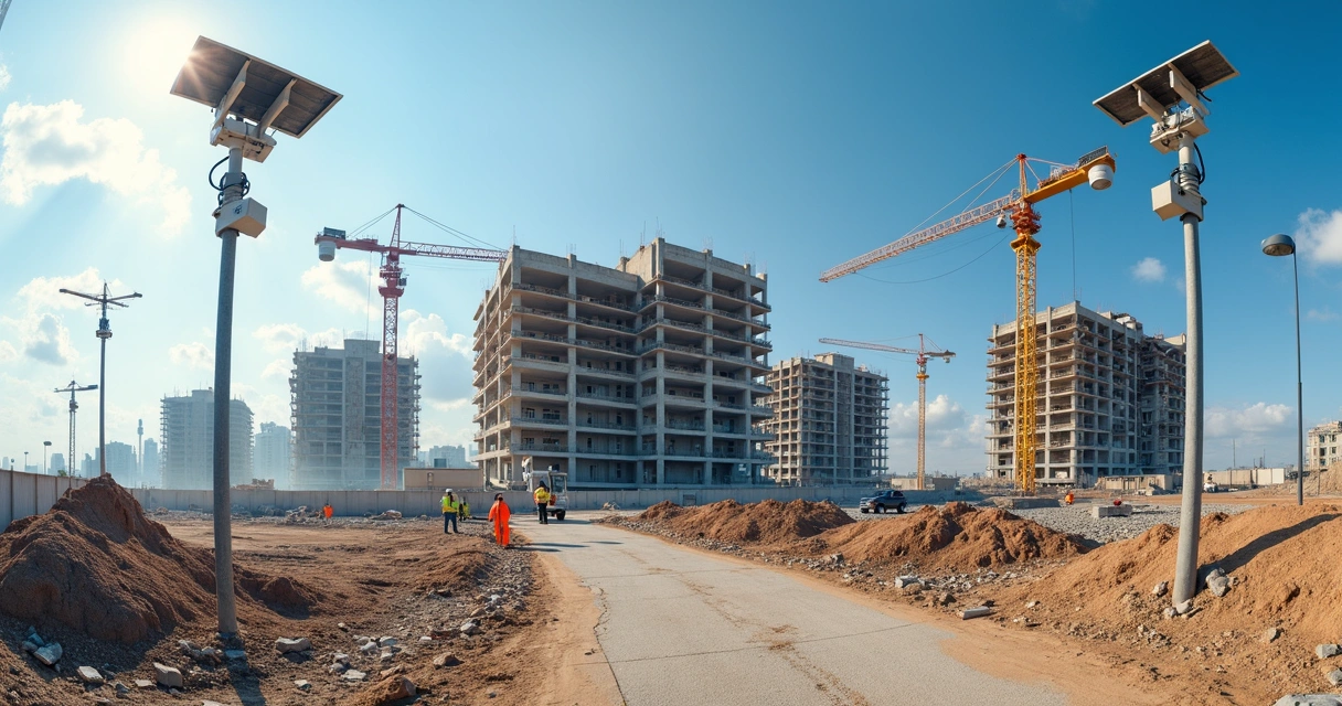 Visão panorâmica de um canteiro de obras com câmeras de monitoramento em postes, edifícios em construção e operários em atividade. 