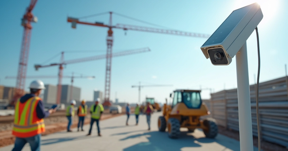 Câmera solar registrando obra com movimentação de máquinas 