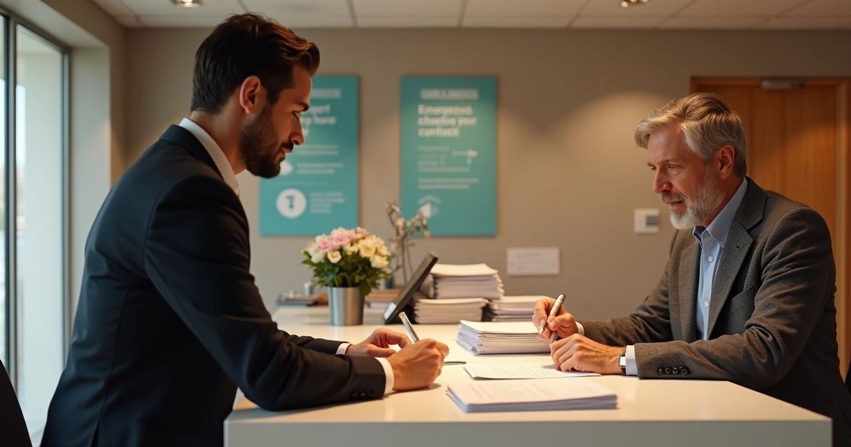 Formulários impressos sendo preenchidos por morador e porteiro em mesa de condomínio 