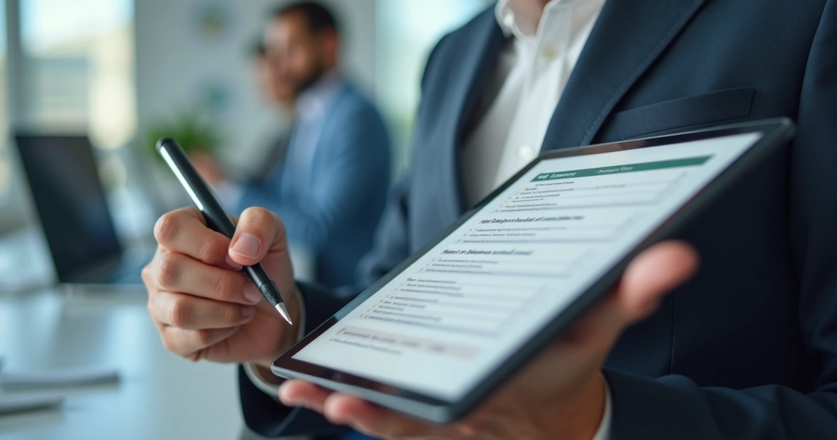 Profissional preenchendo formulário digital de ocorrência em escritório moderno 