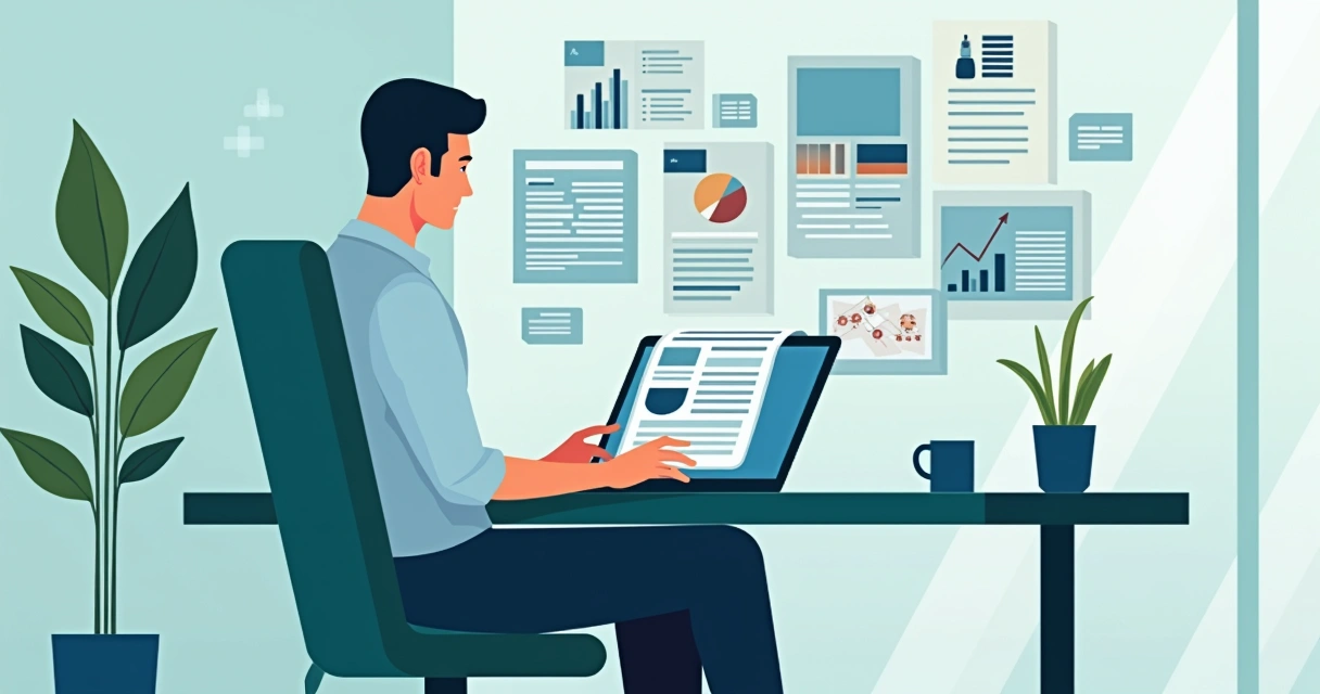 Profissional analisando documentos digitais para registro de patente, ilustração em tons azuis e verdes