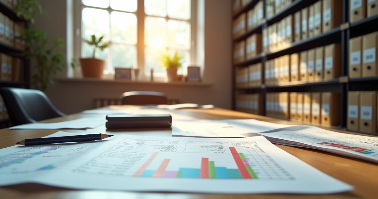 Sala de arquivo com fichários, planilhas de ativos e etiquetas organizadas