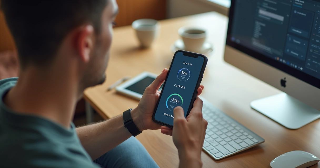 Pessoa segurando smartphone com aplicativo de ponto digital aberto 