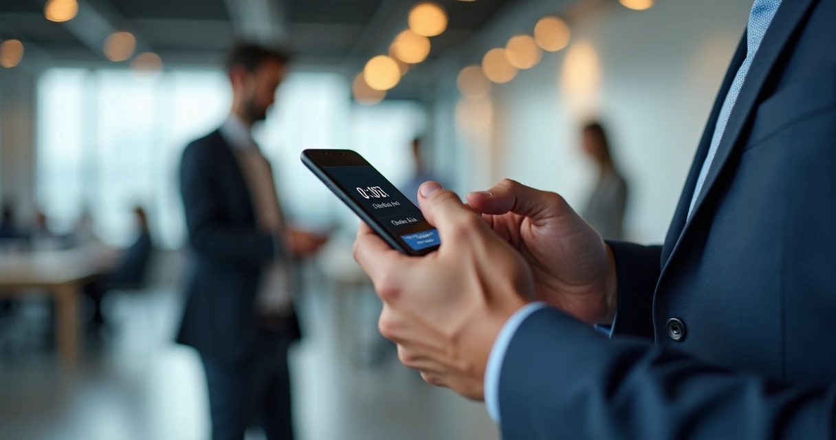 Funcionário batendo ponto pelo aplicativo no celular em ambiente de trabalho moderno 