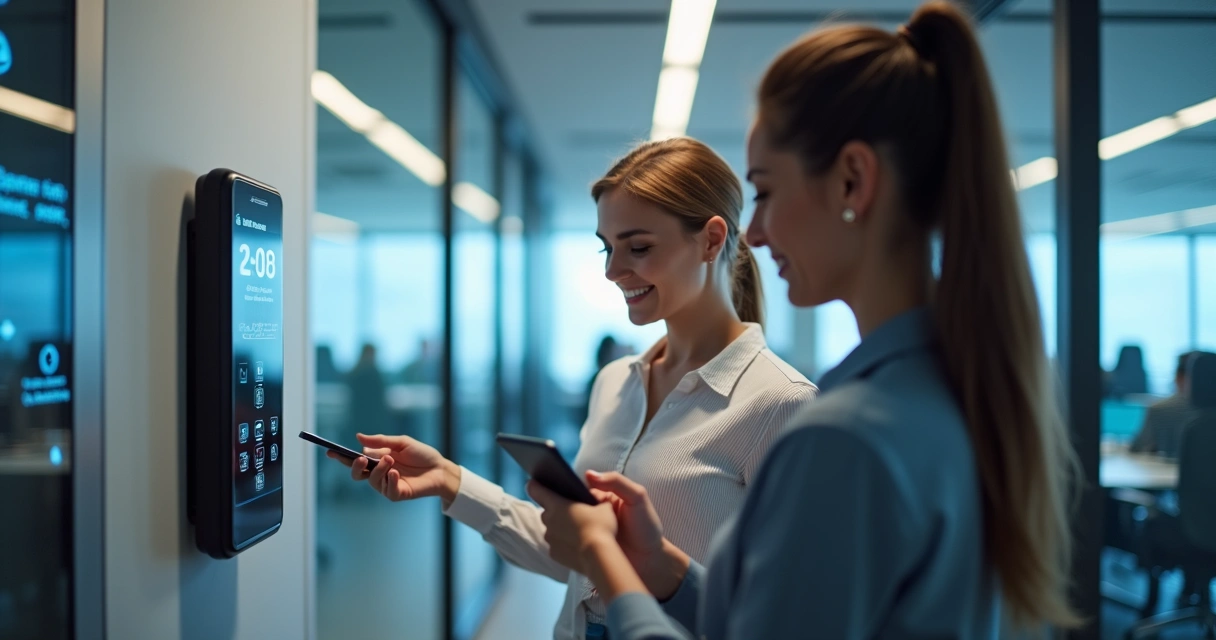 Empregado usando biometria e aplicativo para registrar ponto em empresa moderna 