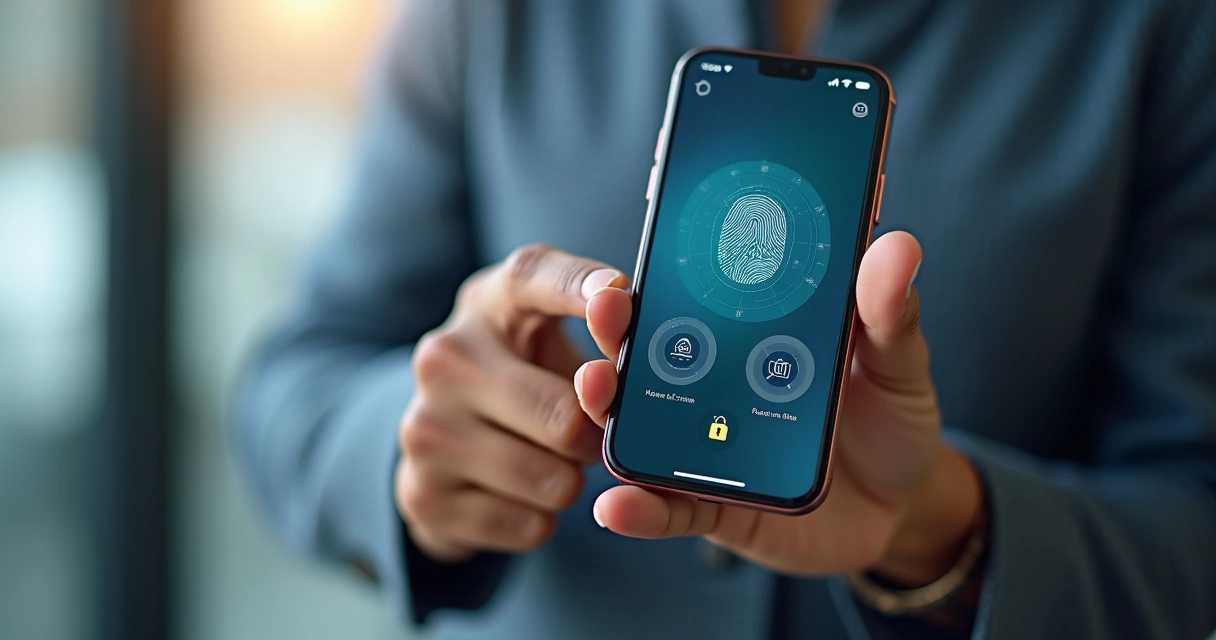 Pessoa usando celular para registrar ponto eletrônico com biometria facial e geolocalização visíveis na tela 