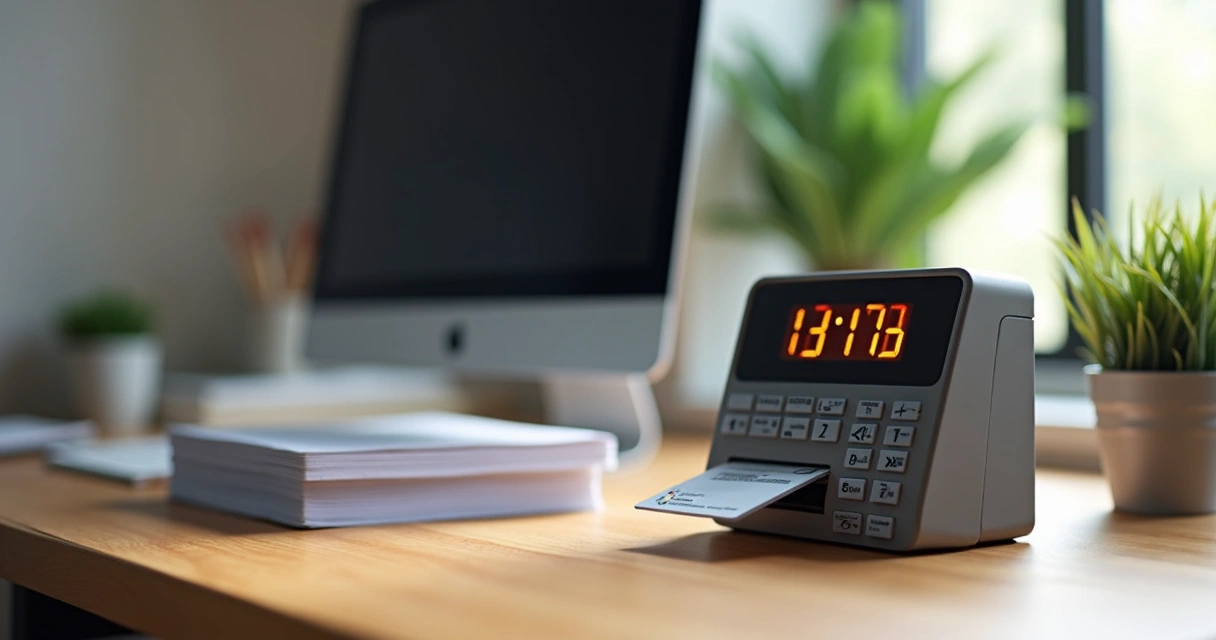 Mesa com relógio de ponto eletrônico, documentos e cartão de ponto 