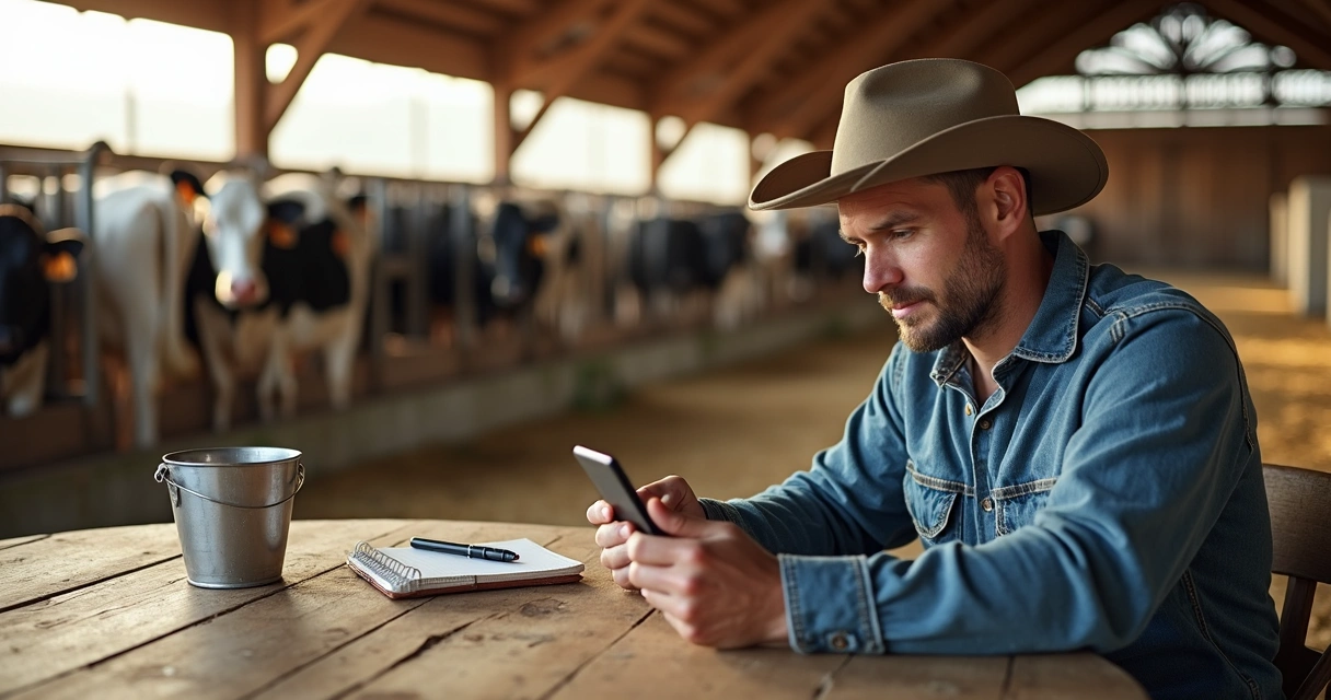 Pessoa registrando produção de leite em um aplicativo de celular 