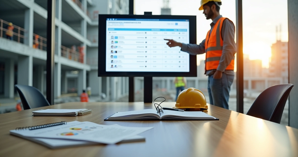 Profissional de obra cadastrando equipe de construção em painel digital de eSocial 