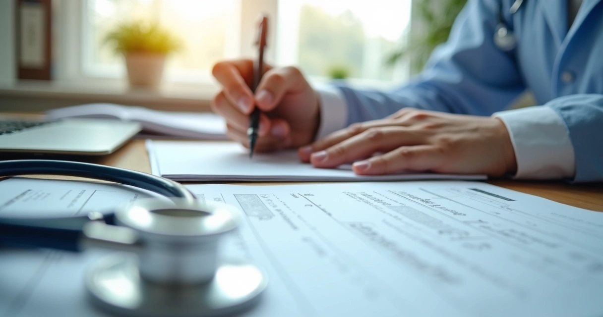 Anotação detalhada em prontuário médico por profissional de saúde. 