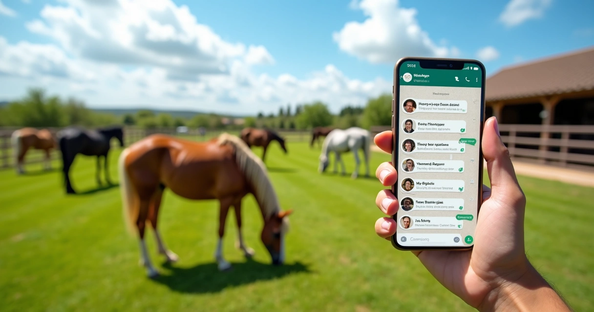 Pessoa usando smartphone para registrar provas esportivas de cavalos via WhatsApp no haras 