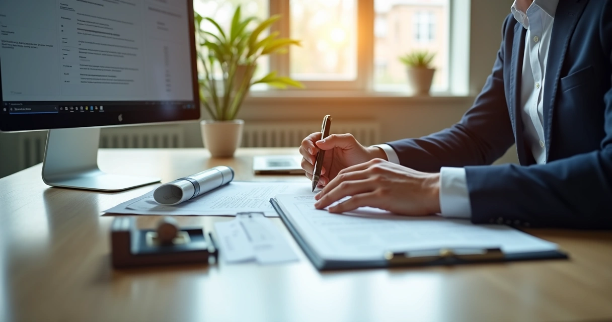 Documentos sendo analisados por empresário em mesa de trabalho 