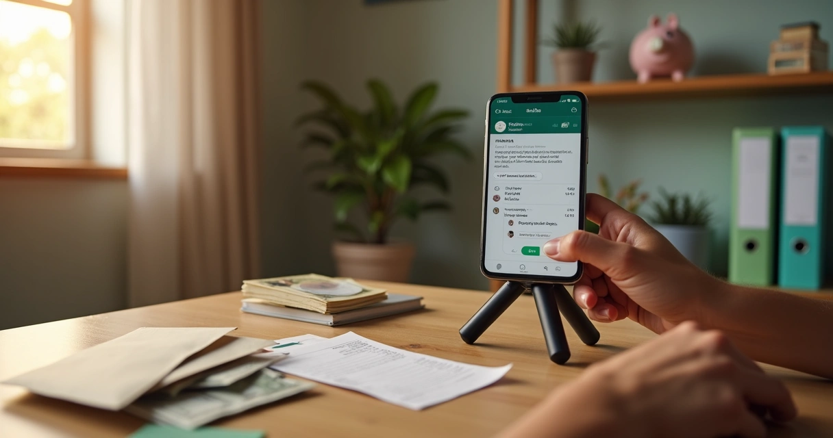 Pessoa fotografando nota de entrada de dinheiro para registrar receita pelo WhatsApp 