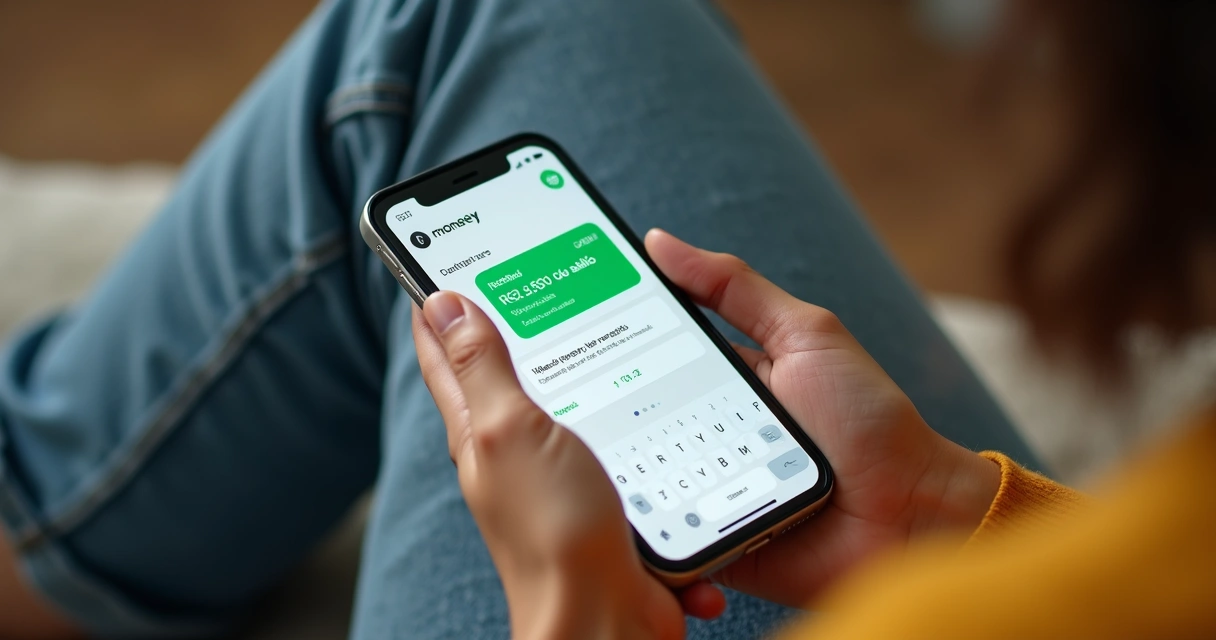 Pessoa digitando receita financeira no WhatsApp com moneey 
