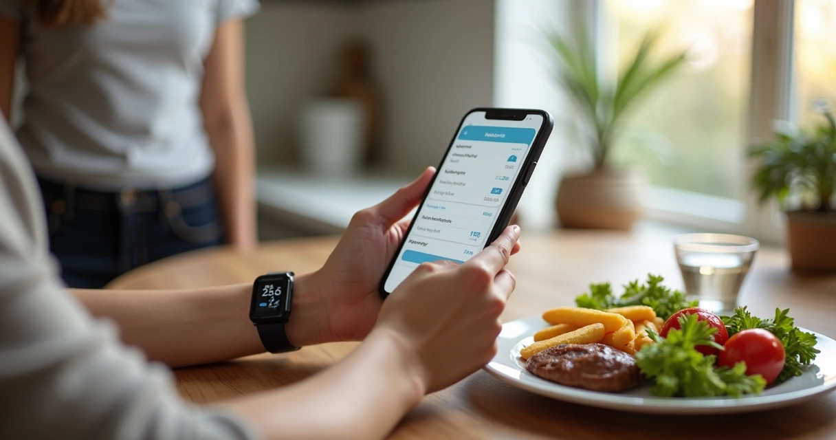 Paciente registrando refeição e check-in em celular na cozinha 