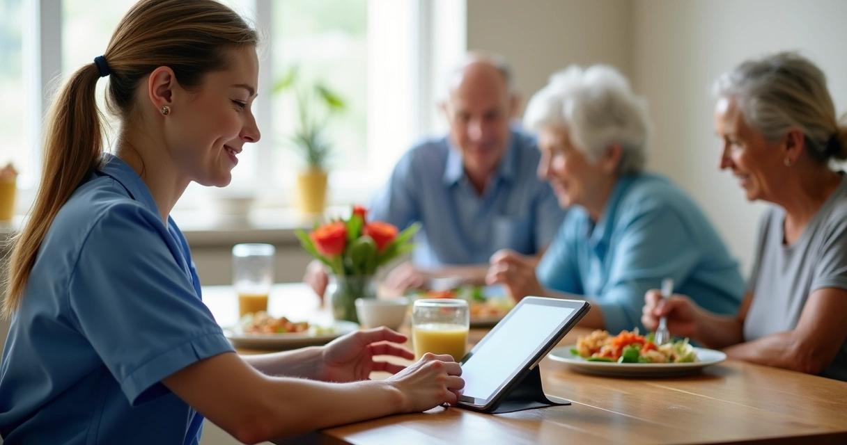 Profissional registrando detalhes da alimentação do paciente em tablet em ambiente de ILPI 