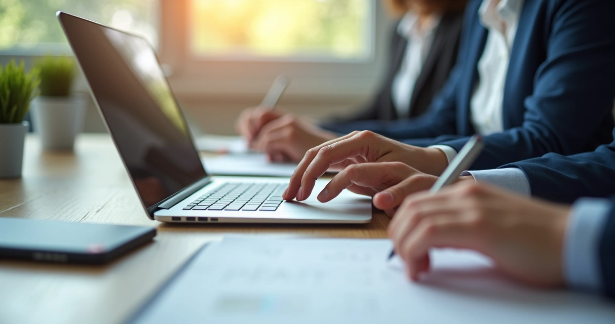 Pessoa digitando anotações de uma reunião individual no notebook, ambiente empresarial claro, equipe ao fundo desfocada 