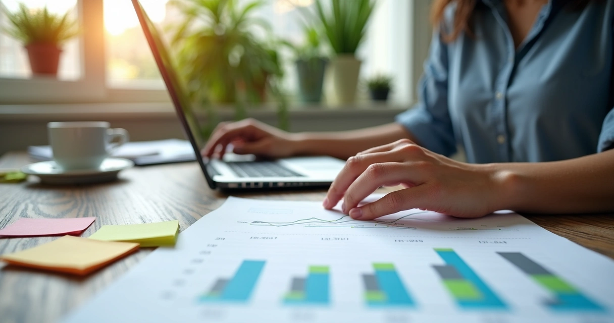 Empreendedora registrando fluxo de caixa em notebook e papéis 