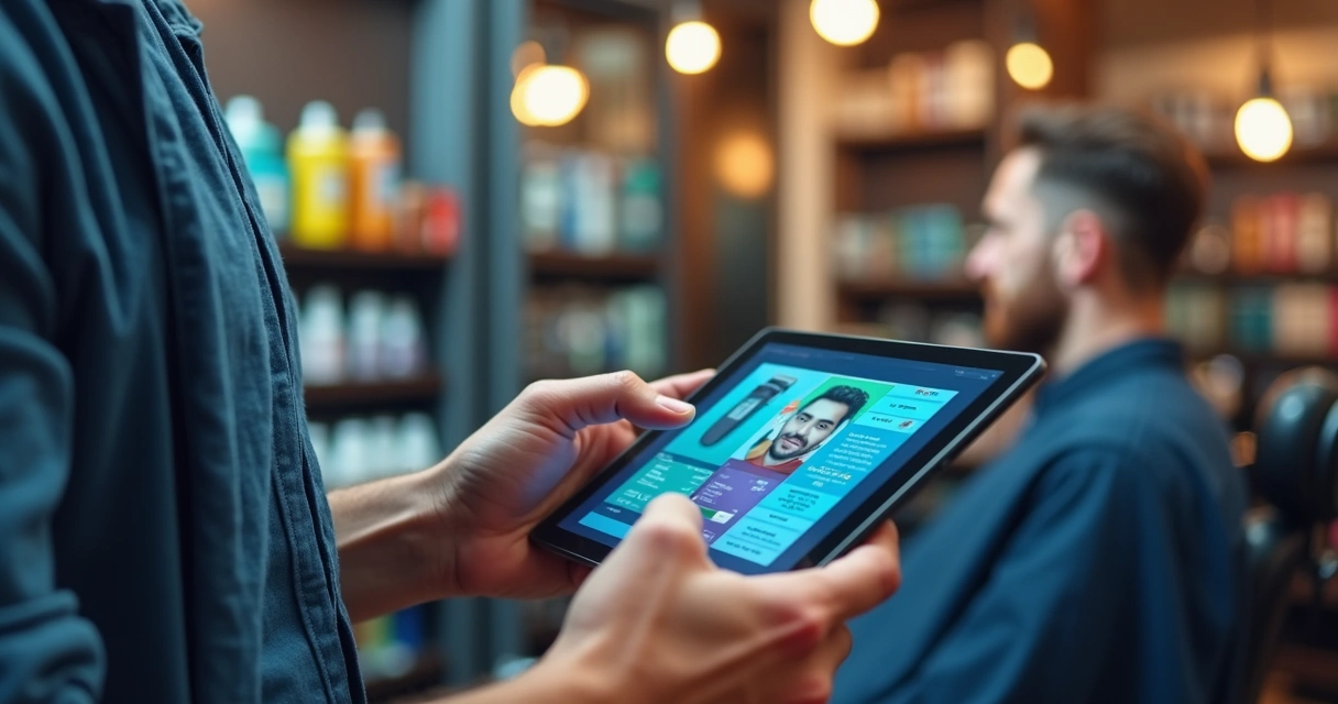 Barbeiro usando tablet para anotar saída de produto 