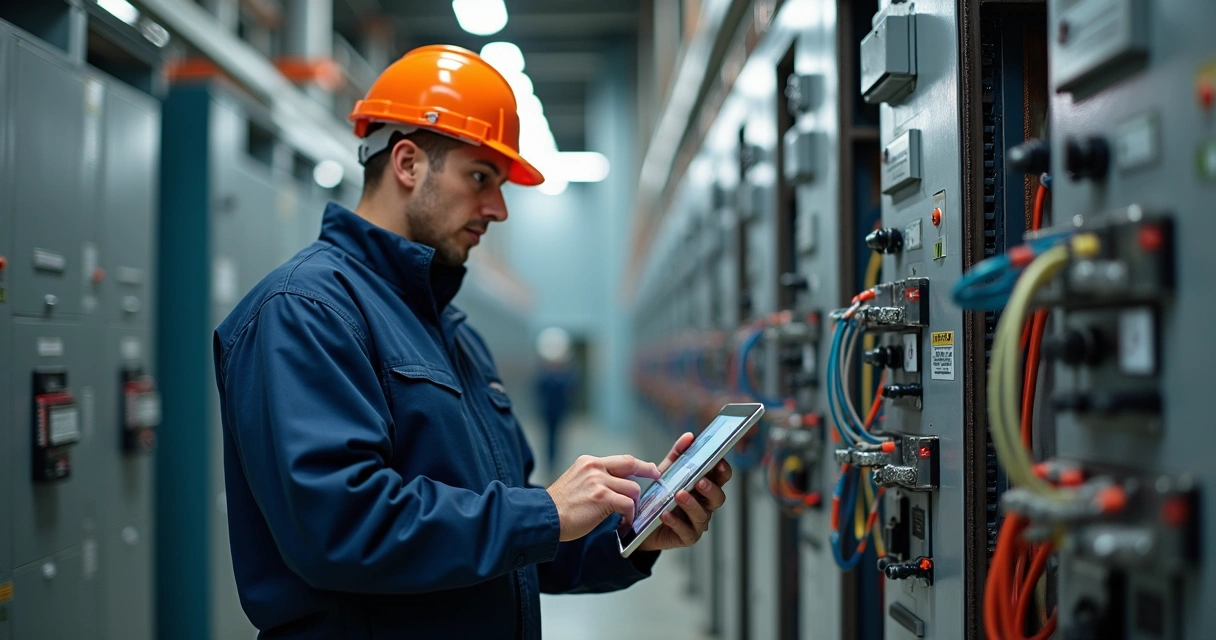 Técnico usando tablet para registrar fotos de manutenção elétrica 