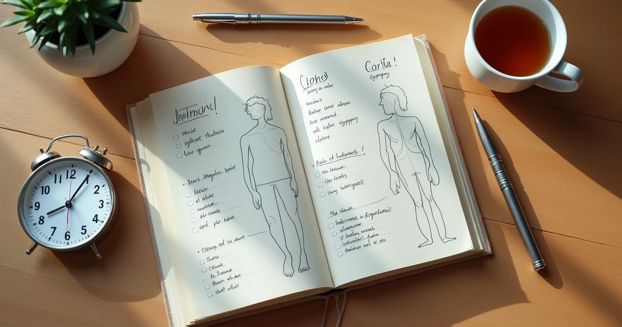 Cuaderno con registro de síntomas junto a una taza y un reloj