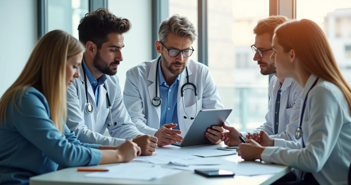 Equipe multidisciplinar analisando plano de tratamento 