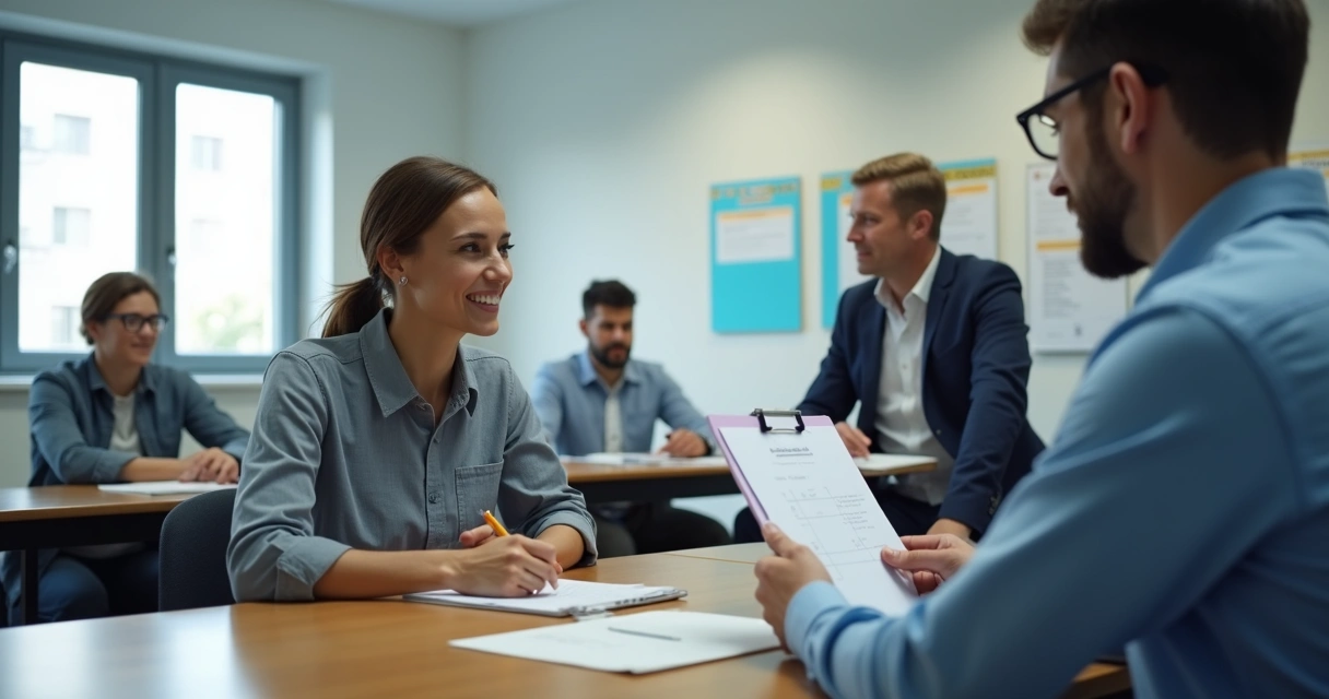Supervisor conferindo lista de presença de terceirizados em treinamento 