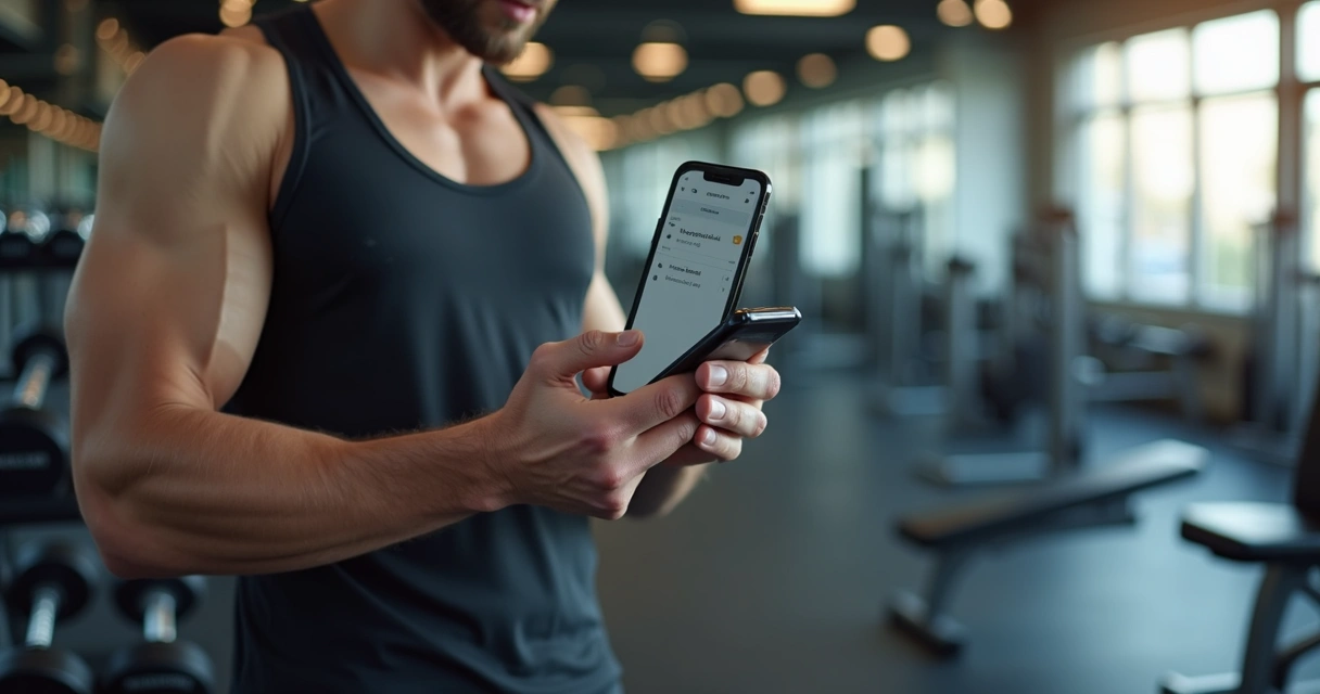 Pessoa registrando treino no smartphone em academia 