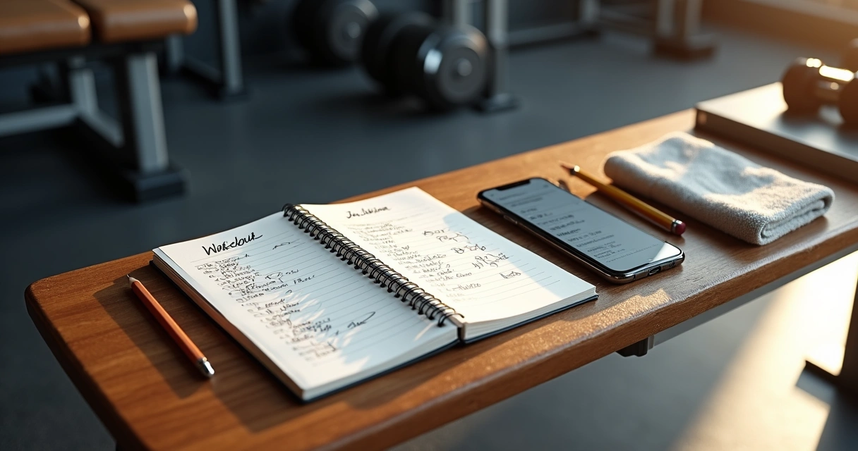 Pessoa marcando treino em caderno aberto ao lado de app de treino na academia 