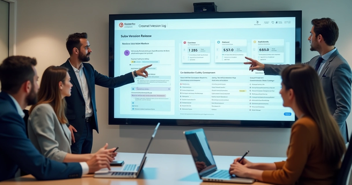 Equipe revisando registro de versões em projeto low-code 