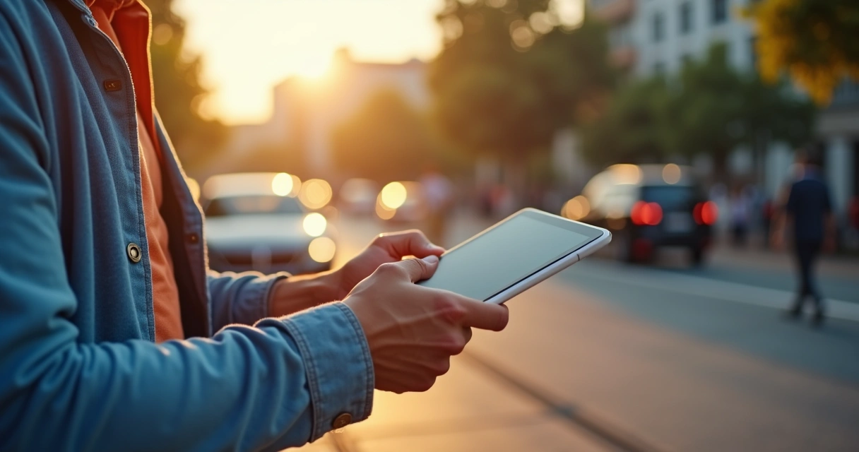 Vendedor preenchendo registro de visita em tablet ao lado do carro 