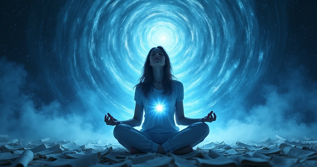 Mulher sentada, olhos fechados, envolta em luz azul, meditando 